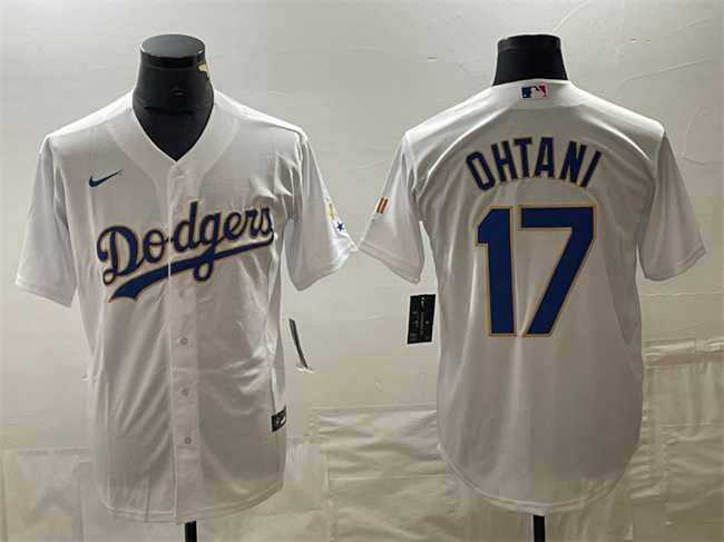 Men%27s Los Angeles Dodgers #17 Shohei Ohtani White Gold Cool Base With Patch Stitched Baseball Jersey->new york yankees->MLB Jersey